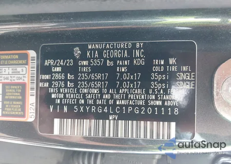 2023 Kia Sorento Lx z USA, uszkodzony, nr VIN 5XYRG4LC1PG201118
